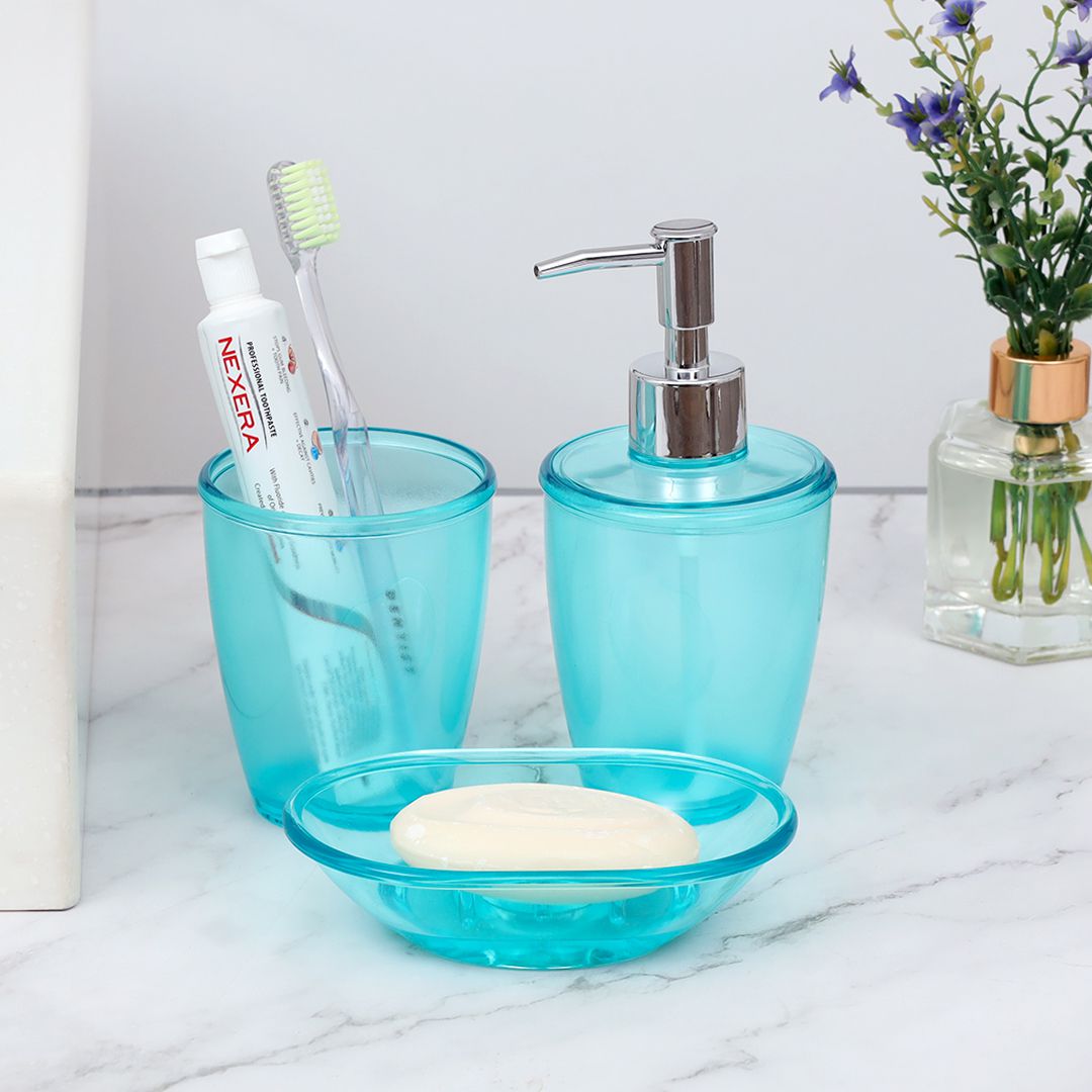 Glossy Turquoise Plasticware Bath Accessories Set- 3 PCS