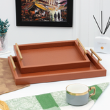 Pair of Elegant PU Leather Brown Serving Tray With Golden Handle