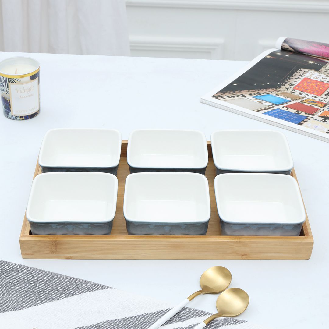 6 Dip Square Ceramic Grid With Wooden Tray