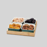 4 Dip Square Ceramic Grid With Wooden Tray