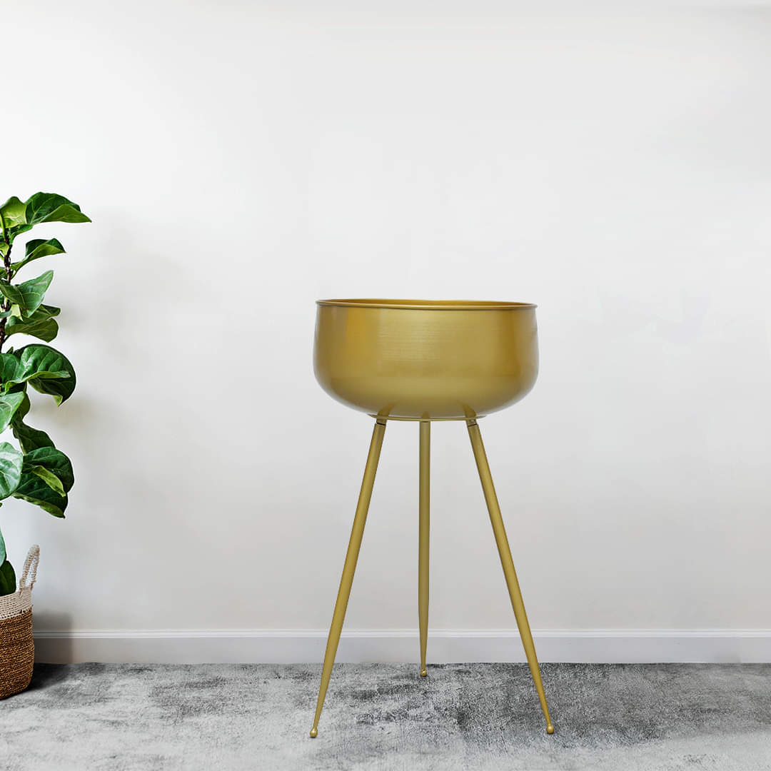 Hallway Iron Base Gold Bowl Shape Floor Planter Pot With Stand