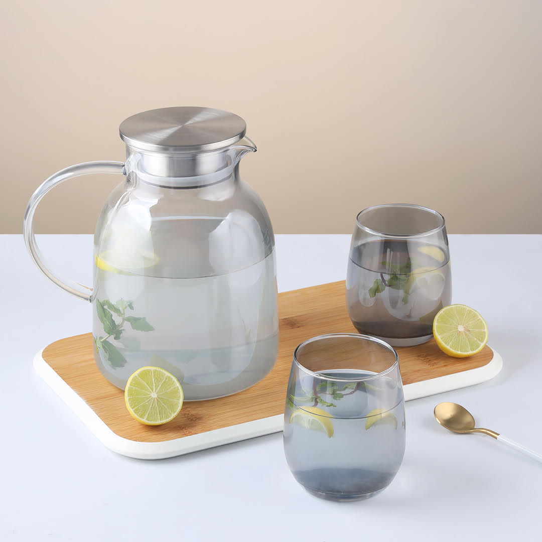Borosilicate Glass Jug Set Silver with Stainless Steel Filter Lid - 7 Pcs