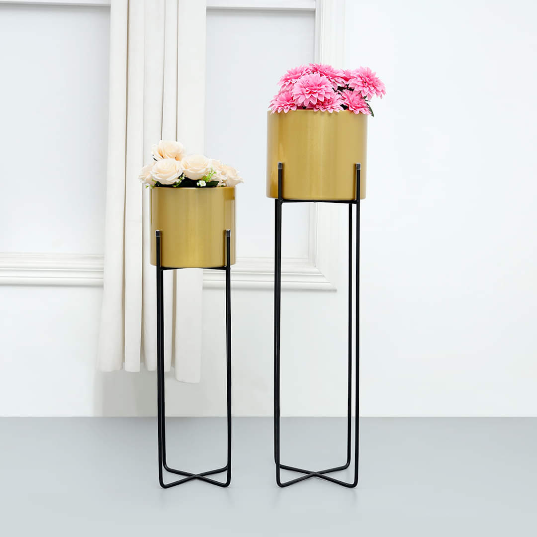Metal Emiliano Iron Base Gold Floor Planter Pot With  Black Stand