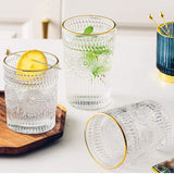 Gold Rimmed Embossed Floral Drinking Glass Set- 6 Pcs