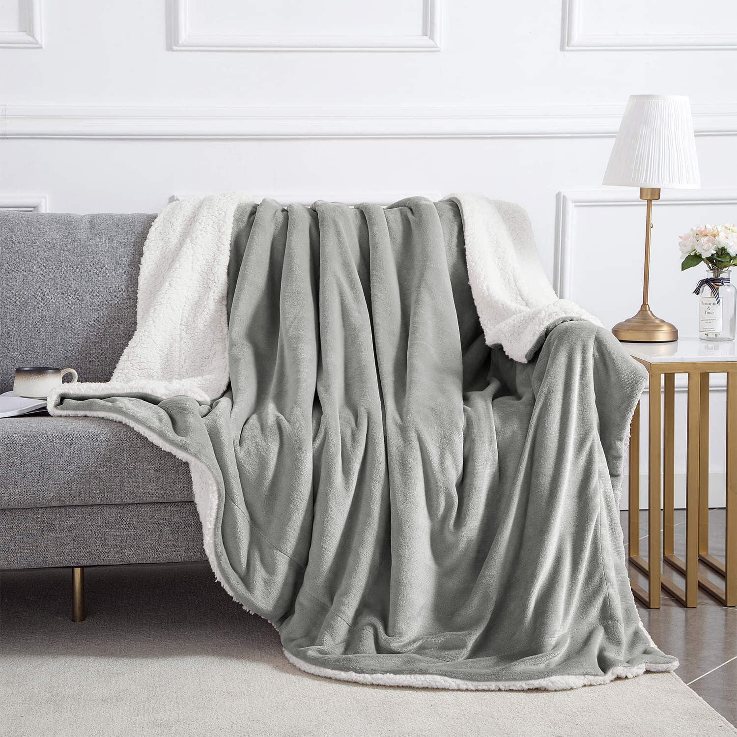 Ultra Soft Sherpa Throw Blanket - Light Grey