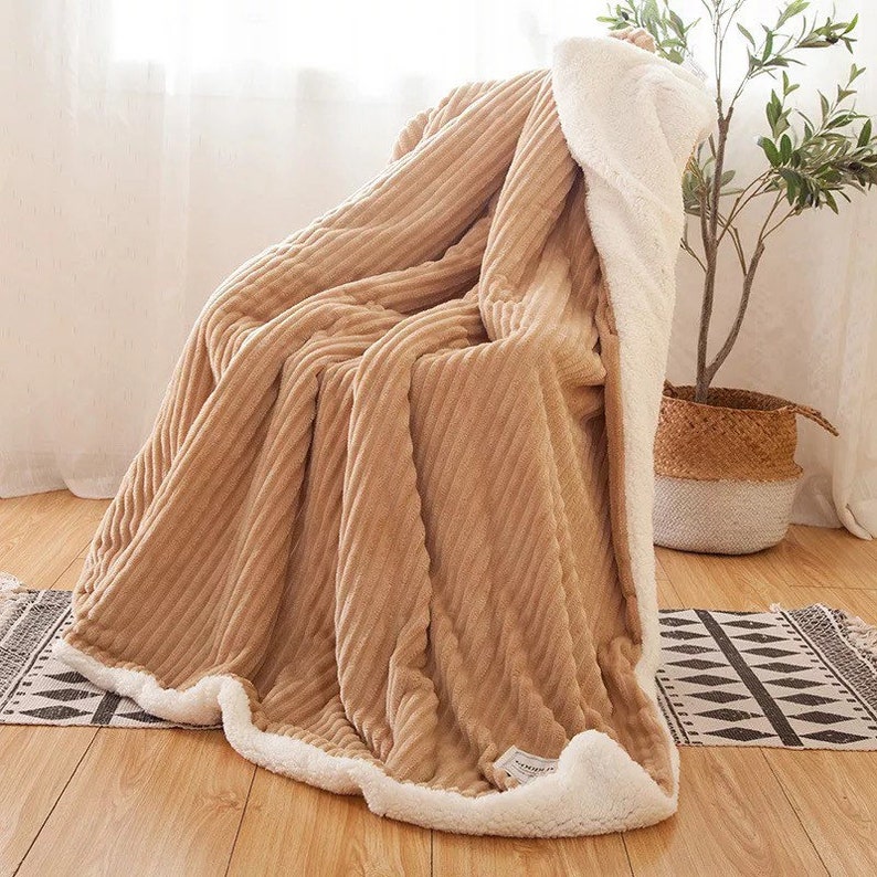 Ribbed Stripe Ultra Soft Sherpa Throw Blanket