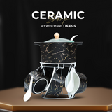 Black and Gold Ceramic Soup Set with Stand - 16 Pcs