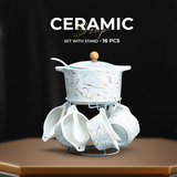 White and Gold Ceramic Soup Set with Stand - 16 Pcs